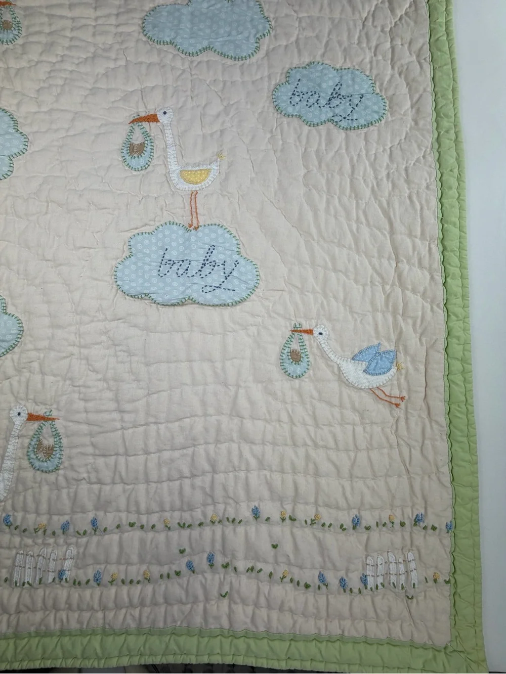 36 X 50 Vintage Pottery Barn Baby Quilt Blanket with  Embroidered Design